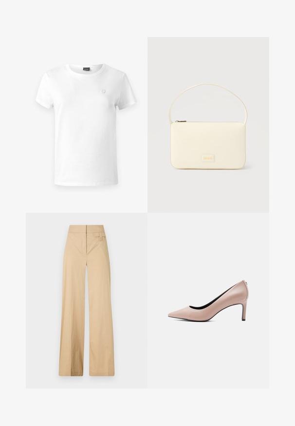 Camiseta de algodón blanca con cuello redondo, mangas cortas y un pequeño logo bordado en el lado izquierdo del pecho. Textura suave, ajuste casual.; Pantalones de pierna ancha beige fabricados en una mezcla de algodón. Presentan una textura suave, cinturilla elástica y un detalle de botón en el lateral.; Zapato de tacón alto beige con punta estrecha y tacón de aguja delgado sobre un fondo blanco liso.; Bolso rectangular color crema con una sola correa y cremallera superior, con una pequeña placa de logotipo en relieve en el frente.
