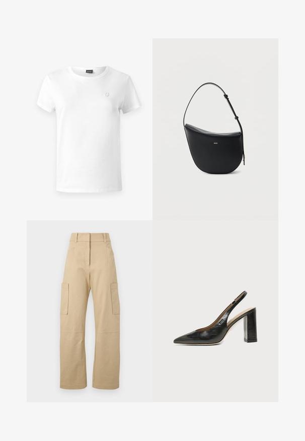 Camiseta de algodón blanca con cuello redondo, mangas cortas y un pequeño logo bordado en el lado izquierdo del pecho. Textura suave, ajuste casual.; Pantalones cargo beige de algodón, con una cintura alta, perneras anchas, dos bolsillos laterales y dos grandes bolsillos cargo en los muslos.; Zapato slingback de piel negra con puntera puntiaguda, tacón alto y ancho, y forro interior beige sobre un fondo claro y liso.; Bolso de hombro de cuero negro en forma de media luna, con correa ajustable y logo dorado "BOSS" centrado en el frente.