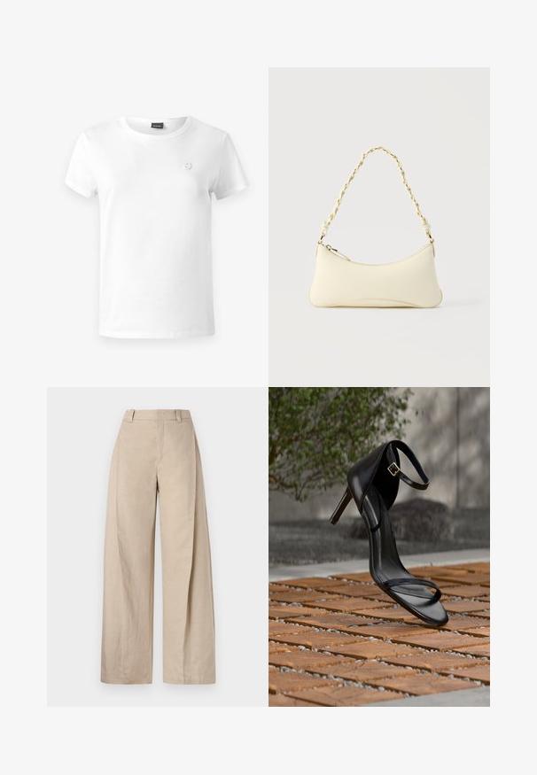 Witte katoenen t-shirt met een ronde hals, korte mouwen en een klein geborduurd logo op de linkerborst. Soepele textuur, casual pasvorm.; Beige linnen wijde broek met een hoge taille, met een zachte textuur en strakke lijnen, ontworpen voor een ontspannen pasvorm.; Zwarte hoge hak sandaal met enkelbandje zweeft boven een houten tegelvloer buiten, met een onscherpe groene en stenen achtergrond.; Kleine handtas in crèmekleur met een gebogen vorm en gevlochten kettinghengsel in goudkleur, ritssluiting aan de bovenkant