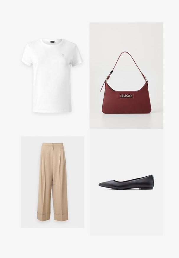 Witte katoenen t-shirt met een ronde hals, korte mouwen en een klein geborduurd logo op de linkerborst. Soepele textuur, casual pasvorm.; Beige wijde broek met hoge taille, voorplooien en brede manchetten aan de zoom, getoond op een witte achtergrond.; Zwarte platte leren schoen met puntige neus en lage hak, zijaanzicht tegen een witte achtergrond.; Kleine rechthoekige bordeauxrode leren handtas met een verstelbare schouderband en een zilveren "HUGO" logo plaatje aan de voorkant.