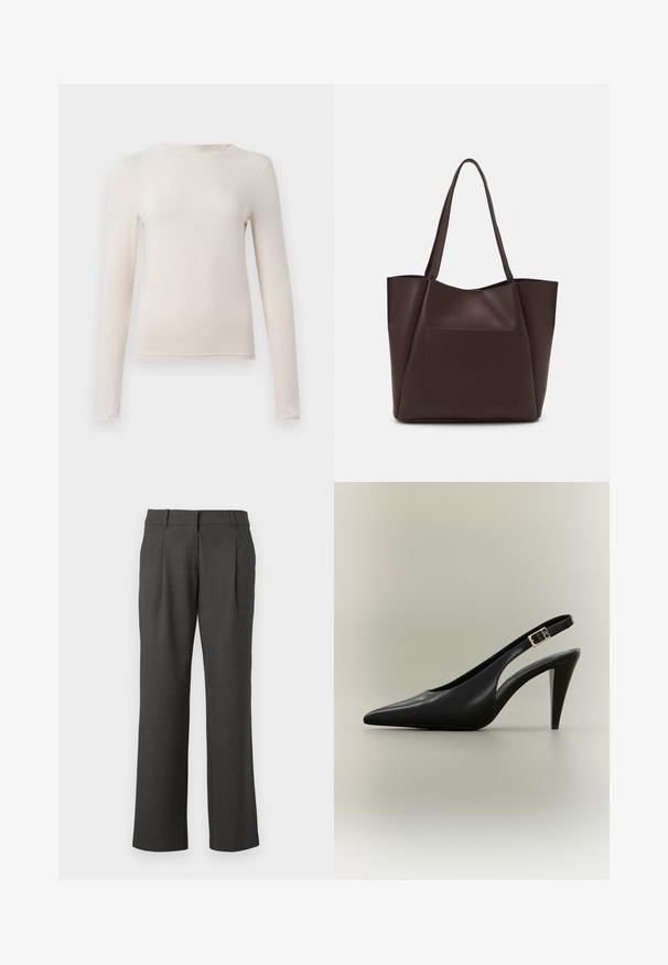 Chemise à col rond beige à manches longues avec une silhouette ajustée, présentée à plat sur un fond clair.; Pantalons formels gris foncé avec des jambes droites, des passants de ceinture et des plis avant, présentés sur un fond blanc.; Escarpin à bride arrière en cuir noir avec bout pointu, boucle dorée et talon effilé sur un fond neutre.; Sac fourre-tout brun en matériau lisse, avec une grande poche avant, deux poignées et un design structuré simplifié.