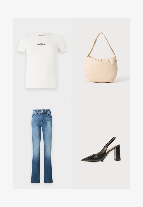 Weißes, geripptes T-Shirt mit kurzen Ärmeln, rundem Ausschnitt und schwarzem, gesticktem "guess jeans"-Logo, das auf der Vorderseite zentriert ist.; Blaue Jeans mit weitem Bein und hoher Taille, mit leichtem Ausbleichen, zwei Knöpfen und Seitentaschen. Der Stoff hat eine glatte Textur.; Schwarzer Leder-Slingback-Schuh mit spitzer Kappe, hohem Blockabsatz und beigegefüttertem Innenraum vor hellem, einfarbigem Hintergrund.; Beige Hobo-Tasche aus glattem Synthetikmaterial, mit gebogener Form, einem einzigen Griff und einem dezenten Logo auf der Vorderseite. Mit Reißverschlussverschluss.