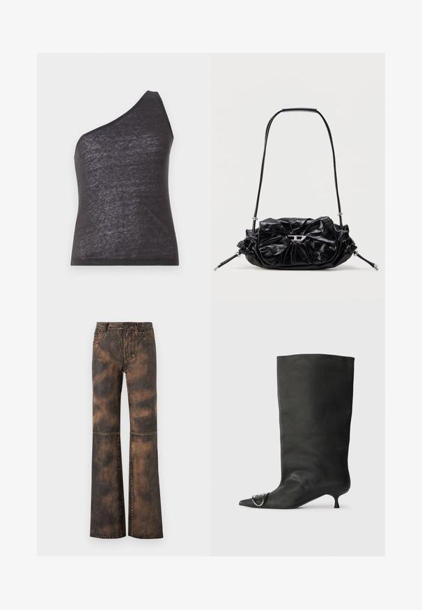 Asymmetrisk sort tanktop med en enkelt skulderrem, lavet af blødt, let gennemsigtigt stof, der har en tætsiddende silhuet og glat tekstur.; Brune denim bukser med vidde og en falmet, struktureret finish. Har fem lommer, bæltestropper og knaplukning. Flade sømme og vide ben.; Sort læder ankelstøvle med spidse tå, lille hæl og metallisk detalje på tæerne. Glat, mat overflade hele vejen igennem.; Sort læderhåndtaske med et opsamlet design og sløjfedetalje foran. Har en kort hank og sølvfarvede hardware-accenter.