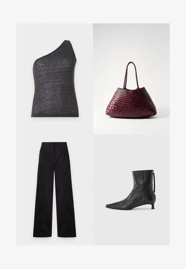 Asymmetrisk sort tanktop med en enkelt skulderrem, lavet af blødt, let gennemsigtigt stof, der har en tætsiddende silhuet og glat tekstur.; Sorte bukser med høj talje og vide ben, med frontsyninger og sidelommer, vist mod en ensfarvet lys baggrund.; Sort læderankelstøvle med spids tå, struktureret form og lav hæl. Har en sidesyning og minimalistisk design.; DRAGON DIFFUSION SANTA CROCE BIG - Håndtasker - bordo