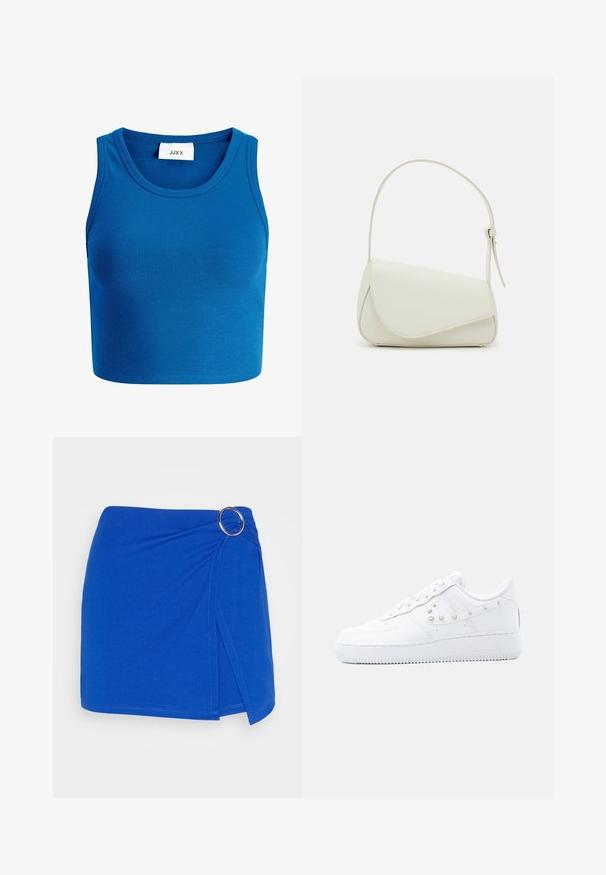 Blå ribbet cropped top med bred halsudskæring, ærmeløs design og et mærke med teksten "JJXX" placeret midt på halsudskæringen.; Even&Odd by Zalando Shorts - blue; Hvid Nike Air Force 1 sneakers med nittebesat Swoosh-detalje og tyk sål, vist mod en ensartet lysegrå baggrund.; Hvid taske i faux læder med en struktureret trekantet form, enkelt justerbart skulderstrop og en flaplås med kurver.
