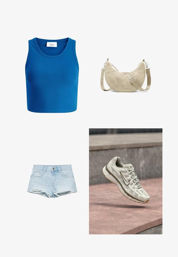 Blauwe geribde crop top met brede halslijn, zonder mouwen ontwerp, en een label met de tekst "JJXX" in het midden van de halslijn.; Lichtblauwe denimshorts met rafelige zoom, versleten scheuren aan de voorkant van de benen, voorste knoop, ritssluiting en vijfzakkenstijl.; Nike hardloopschoen in lichtbeige met een mesh bovenwerk, grijze accenten en een gestructureerde rubberen buitenzool. Voorzien van een gevoerde kraag en een vetersluiting.; Beige suède schoudertas met een gebogen ontwerp, verstelbare schouderband met reliëftekst en accenten van zilveren hardware.