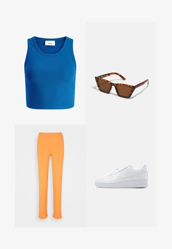 Modrý pruhovaný crop top s širokým výstrihom, bez rukávov a s nápisom "JJXX" umiestneným na strede výstrihu.; Monki Nohavice - orange; Biela nízka teniska Nike Air Force 1 so šnurovaním, perforovanou špičkou a charakteristickým logom Swoosh na boku.; Hnedé slnečné okuliare s motívom korytnačiny, ostré rámy a štíhle nožičky. Ľahký plastový materiál.