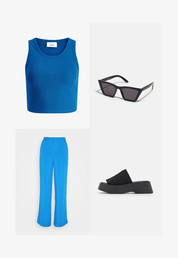 Modrý pruhovaný crop top s širokým výstrihom, bez rukávov a s nápisom "JJXX" umiestneným na strede výstrihu.; Gina Tricot RELAXED TROUSERS - Nohavice - strong blue; Call it Spring VENISE B.E.D FOAM - Šľapky na opätku - black; Čierne, ostré slnečné okuliare so sivými sklami; vyrobené z plastu, majú hrubé ramená s hladkým povrchom a bez viditeľnej mechaniky.