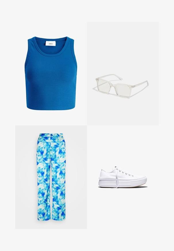 Top court bleu à côtes avec décolleté large, design sans manches, et une étiquette portant la mention "JJXX" située au centre du décolleté.; Noisy May NMTALIA PANTS - Pantalon classique - azure blue; Baskets basses blanches en toile avec semelle plateforme épaisse, lacets sur le devant et embout en caoutchouc texturé, vues de profil.; Lunettes carrées en plastique transparent avec des verres translucides, dotées d'accents dorés sur les branches pour plus de détails.
