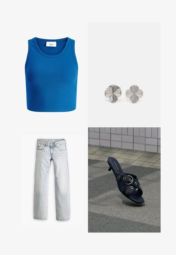 Blå ribbet cropped top med bred halsudskæring, ærmeløs design og et mærke med teksten "JJXX" placeret midt på halsudskæringen.; Lyseblå denimjeans med en afslappet pasform, høj talje og fem-lomme design. Har syning detaljer og knaplukning.; Sort hælsandal med krydsede stropper med sølvøjer og en rund spænde, placeret på tekstureret fortov nær flisevæg.; Sølvmetal øreringe formet som en firkløver, med skiftende blanke og matte sektioner for visuel kontrast.