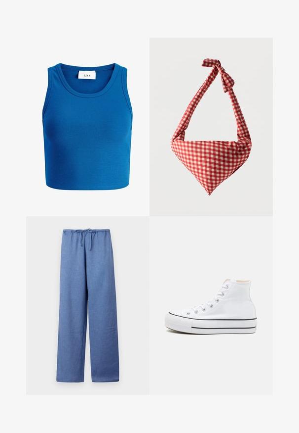Blauwe geribde crop top met brede halslijn, zonder mouwen ontwerp, en een label met de tekst "JJXX" in het midden van de halslijn.; Lichtblauwe, wijde broek met een trekkoord in de taille, gemaakt van een zachte stof, met een gladde textuur en een losse pasvorm.; Witte hoge sneakers van canvasmateriaal, zwarte rubberen zool en contrasterende zwarte streep op de tussenzool. Circulaire neus en vetersluiting.; Zachte stoffen schoudertas met rood-wit geruit patroon, geknoopte handgreep en driehoekige vorm tegen een effen achtergrond.