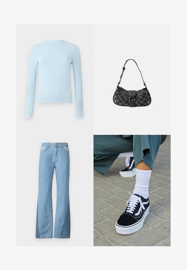 Lichtblauwe top met lange mouwen, gemaakt van een gladde stof, met een golvende halslijn en een aansluitend ontwerp, rechte zoom en zonder patronen.; Lichtblauwe flared jeans van denim, met een hoge taille, zijnaaddetails en een klassieke vijf-pocketdesign.; Zwarte suède sneaker met witte accenten en veters, uitgerust met een dikke witte zool en contrasterende stiksels, gecombineerd met een witte sok.; Zwarte handtas met een gekruist textuur, voorzien van zilveren hardware, een gebogen vorm en een enkele verstelbare hengsel. Ritssluiting aan de bovenkant.
