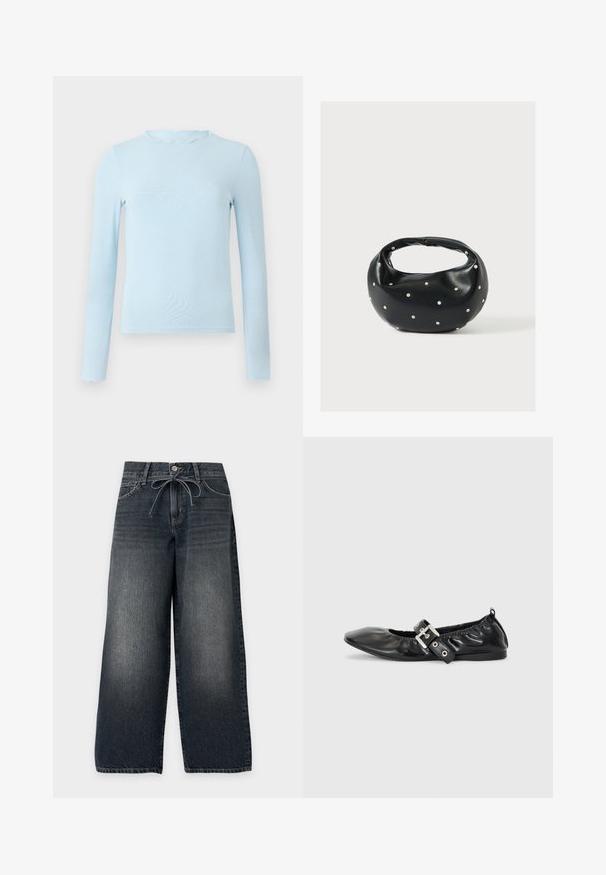 Lichtblauwe top met lange mouwen, gemaakt van een gladde stof, met een golvende halslijn en een aansluitend ontwerp, rechte zoom en zonder patronen.; Wijde donkergrijze denim jeans met knopen aan de voorkant, voorzakken en een gestrikt trekkoord in de taille.; Zwarte leren platte schoen met een spitse neus, geplooide details rond de opening en een zilveren gespaccentueerde verstelbare band.; Zwarte leren handtas met een afgeronde vorm, versierd met zilveren studs, en een korte handgreep. Gladde textuur en ritsluiting.