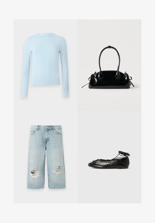 Lichtblauwe top met lange mouwen, gemaakt van een gladde stof, met een golvende halslijn en een aansluitend ontwerp, rechte zoom en zonder patronen.; Lichtblauwe denimshorts met een losse pasvorm, voorzien van twee grote versleten scheuren aan de voorkant. Vijf zakken en een zichtbare metalen knoopsluiting.; Zwarte ballerina's van lakleer met een afgeronde neus, veterdesign en een platte zool. Glad oppervlak met minimale details.; Kleine zwarte glanzende handtas met twee lange hengsels en zijkant trekkoord details op een effen lichte achtergrond.