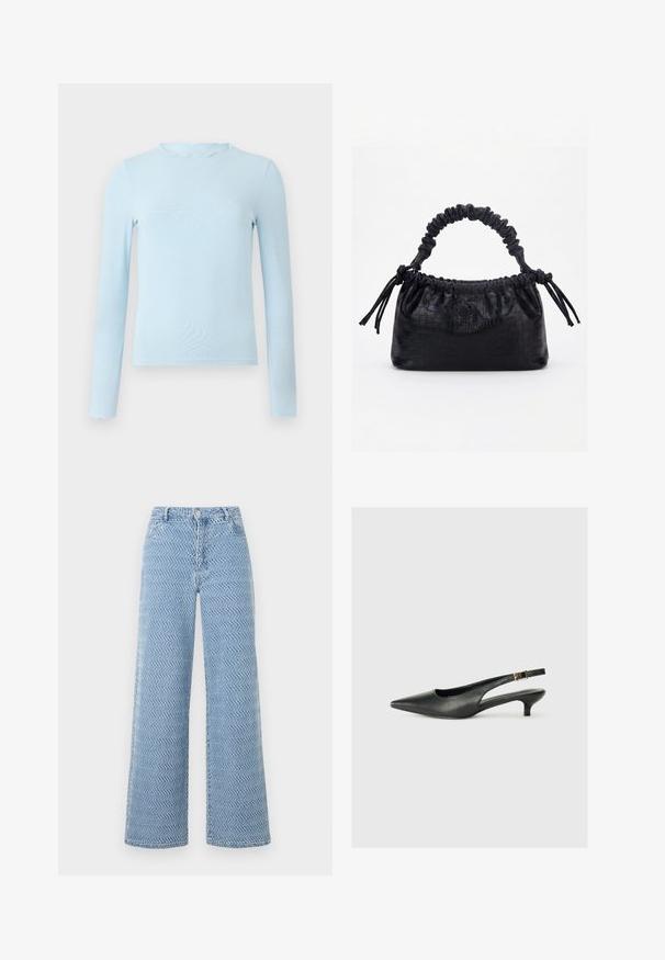 Lichtblauwe top met lange mouwen, gemaakt van een gladde stof, met een golvende halslijn en een aansluitend ontwerp, rechte zoom en zonder patronen.; Lichtblauwe high-waisted broek met wijde pijpen en een golvend textuurpatroon, voorzien van een knoopsluiting aan de voorkant, ritssluiting en riemlussen.; Zwarte puntschoen met slingback van soepel leer. Kenmerkt zich door een dunne hak en een gespdetail op de verstelbare band.; Zwarte handtas met krokodillenstructuur, geplooide bovenrand, samengevoerde handgreep en koordtassels aan elke kant tegen een witte achtergrond.