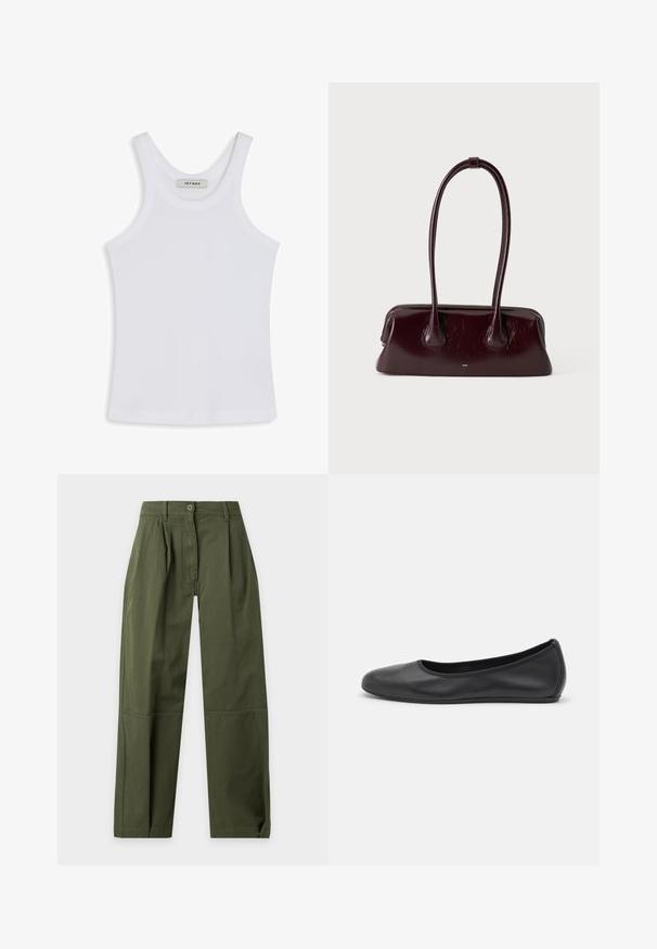 Weißes Tanktop aus glattem Stoff, mit einem runden Ausschnitt und breiten Schulterträgern, innen mit einem Etikett "IVY OAK".; Olivgrüne, hoch taillierte Hose mit geradem Bein, Gürtelschlaufen, Knopfverschluss, vorderen Falten und Knienaht-Details.; Schwarze Leder-Ballettschuhe mit abgerundeter Spitze, glatter Textur, minimalen Nähdetails und einem flexiblen Sohlen-Design.; Dunkelbraune glänzende Lederhandtasche mit langen, dünnen Griffen und einer strukturierten rechteckigen Basis auf einfachem, hellem Hintergrund.