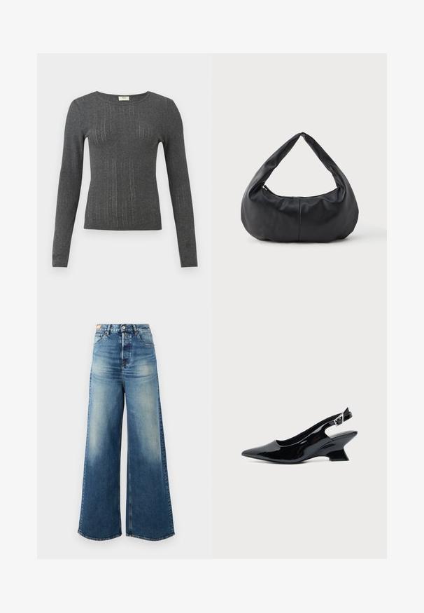 Langærmet, tætsiddende top i mørkegrå strik med subtile lodrette striber og rund halsudskæring. Blød tekstur med let glans i stoffet.; Bredde ben blue denim jeans med en falmet finish, høj talje og klassisk fem-lomme design. Har kobber hardware og flossede kanter.; Sort laklæder slingback sko med spids tå og lav vinklet blokhæl på ensartet lys baggrund.; Sorte bløde læder halvmåneformet håndtaske med et tykt, polstret håndtag og lynlås lukning i toppen.