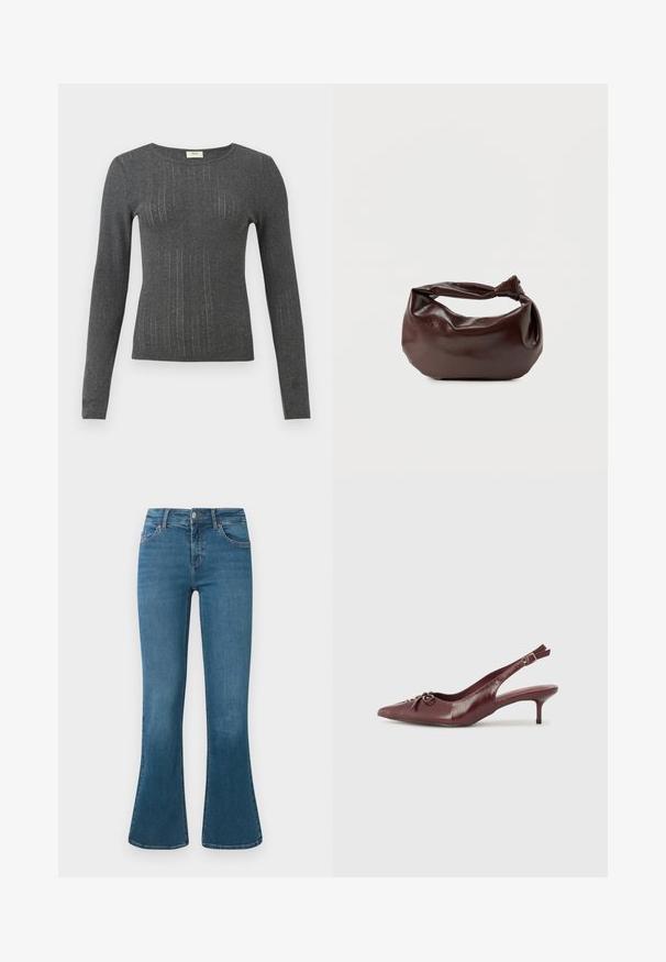 Langærmet, tætsiddende top i mørkegrå strik med subtile lodrette striber og rund halsudskæring. Blød tekstur med let glans i stoffet.; Blå denim flared jeans med en mellemhøj talje, fem-lomme design og diskrete syninger. Glat tekstur med en klassisk vask.; Bordeaux læder slingback hæl med spidse tå, justerbar rem og dekorativ sløjfedetalje foran. 7,5 cm hælhøjde.; Mørkebrun læder skuldertaske med en blød, afslappet form og et snoet knudehåndtag på en ensartet hvid baggrund.