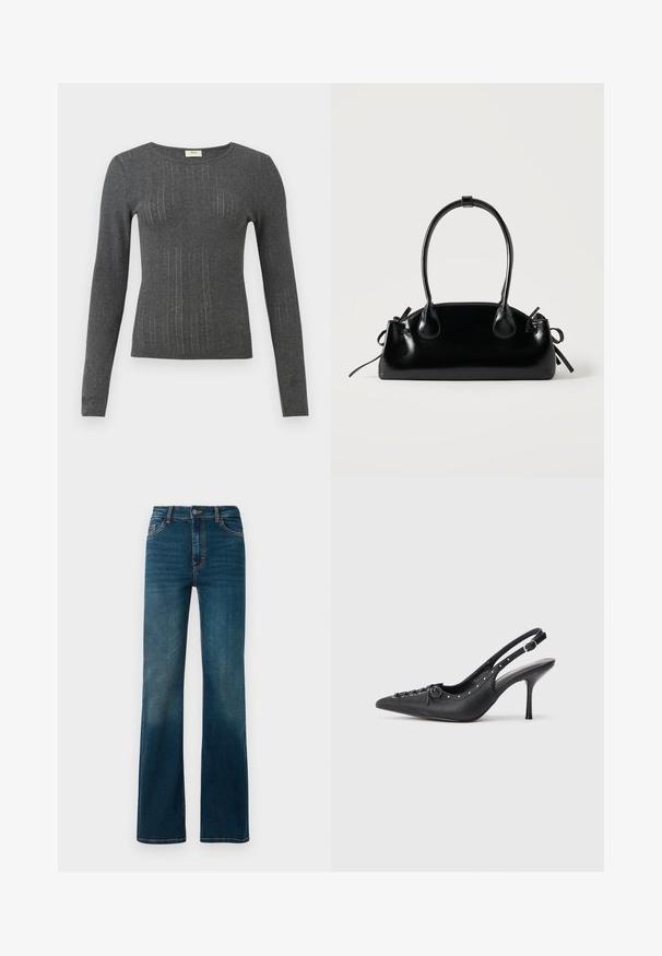 Langærmet, tætsiddende top i mørkegrå strik med subtile lodrette striber og rund halsudskæring. Blød tekstur med let glans i stoffet.; Mørkeblå, højtaljede jeans med lige ben. Lavet af denim, med kontrastsyninger og et klassisk fem-lomme design.; Sorte læder slingback stiletto med spids tå, side spændebånd, nitter langs kanten og dekorativ snøring foran.; Lille sort blank håndtaske med to lange håndtag og snøre-detaljer i siden på en ensfarvet lys baggrund.