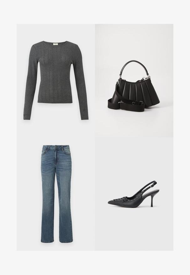Tumedast hallist kootud materjalist pikkade varrukatega saledalt istuv blouse, millel on peened vertikaalsed triibud ja ümar kaelus. Pehme tekstuur, millel on kerge läige.; Sinised sirged janded denim, millel on ees nupuga ja tõmblukuga sulgemine, ees ja taga taskud ning õrn fadeeritud detail.; Must musta sanga kaelaga stilettod, terav nina, külgse pandla rihm, nurgas nublud ja dekoratiivne nöörimine ees.; Mustmust kott mustris, millel on ümmargune käepide, reguleeritav rihm ja läikiv tekstuur. Omab hõbedast riistvara ja struktureeritud siluetti.