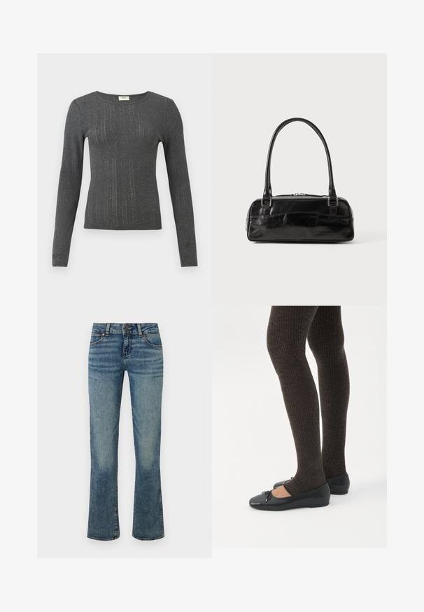 Langærmet, tætsiddende top i mørkegrå strik med subtile lodrette striber og rund halsudskæring. Blød tekstur med let glans i stoffet.; Blå denim jeans med mellemhøj talje, knaplukning, forlommer og let udvidede ben med falmede detaljer.; Ben iført mørke ribbede leggings kombineret med sorte balletsko med små sløjfedetaljer på hvid baggrund.; Sort læderhåndtaske med rektangulær form, der har et enkelt struktureret håndtag, sølvhardware og lynlås-lukning. Glat tekstur.