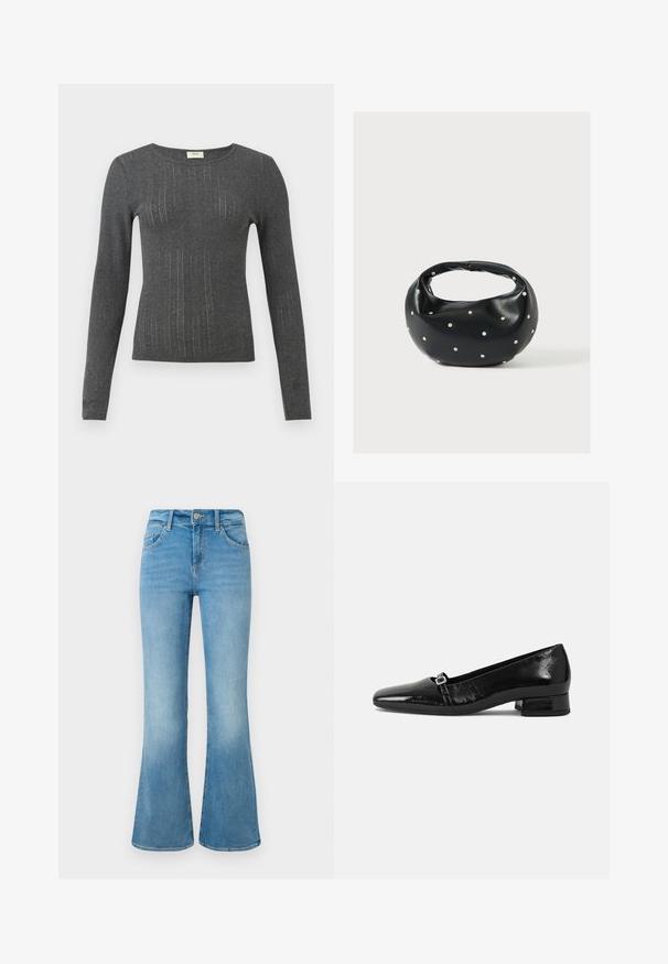 Langärmliges, eng anliegendes Oberteil aus dunklem grauen Strick mit subtilen vertikalen Streifen und rundem Halsausschnitt. Weicher Stoff mit leichtem Glanz.; Hellblaue Denim-Flaggenjeans mit Fronttaschen, Gürtelschlaufen und einer Knopfverschlus gegen einem weißen Hintergrund.; Schwarze Lackleder-Ballettschuhe mit spitzem Zehenbereich, niedrigem quadratischem Absatz und einem kleinen metallischen Schnallenakzent am Riemen. Glatte Textur.; Schwarze Lederhandtasche mit abgerundeter Form, verziert mit silbernen Nietenakzenten und kurzem Griff. Glatte Struktur und Reißverschlussverschluss.