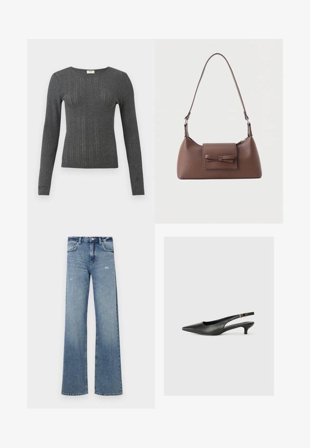 Langærmet, tætsiddende top i mørkegrå strik med subtile lodrette striber og rund halsudskæring. Blød tekstur med let glans i stoffet.; Lyseblå denimjeans med høj talje, vidde ben, let slid og traditionel fem-lomme struktur.; Sorte spidse slingback-sko lavet af glat læder. Har en tynd hæl og en spænde detalje på den justerbare rem.; Brun skuldertaske i læder med en frontlomme med klap, der har en sydd sløjfedetalje, og en justerbar rem.