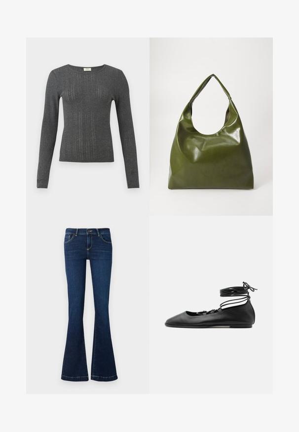Langærmet, tætsiddende top i mørkegrå strik med subtile lodrette striber og rund halsudskæring. Blød tekstur med let glans i stoffet.; Udsvingede mørkeblå jeans lavet af denim, med forlommer og gule stikninger langs sømmene. Standard talje og lynlås.; Sort læder flad balletsko med spids tå, flere tynde stropper over toppen og snørebånd viklet rundt om anklen.; Grøn læder hobo taske med en slouchy design, buet håndtag og glat tekstur. Indeholder ingen synlig hardware eller accenter.