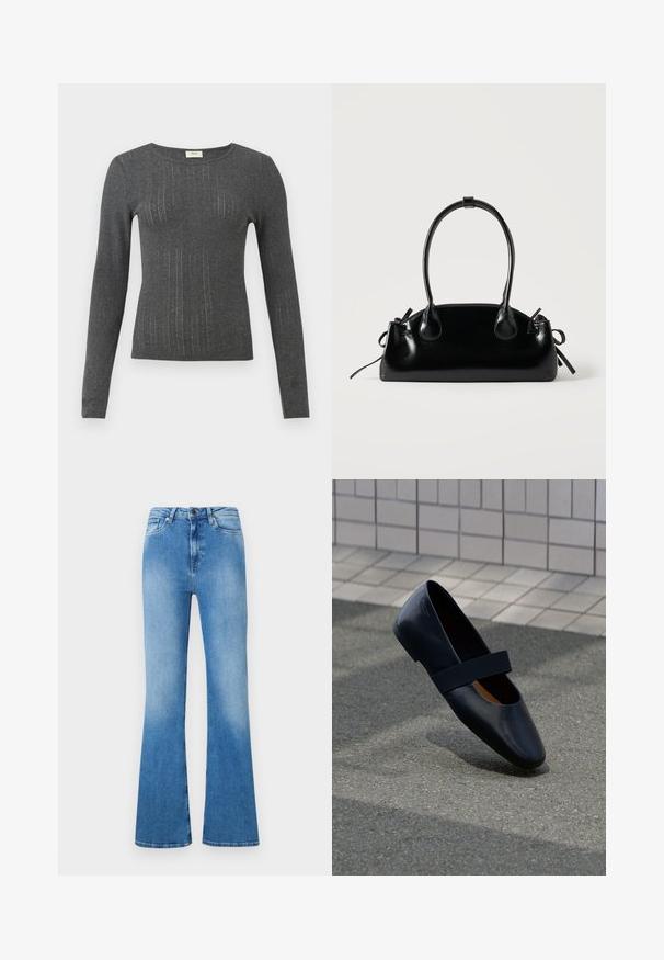 Langärmliges, eng anliegendes Oberteil aus dunklem grauen Strick mit subtilen vertikalen Streifen und rundem Halsausschnitt. Weicher Stoff mit leichtem Glanz.; Hellblaue Schlagjeans aus Denim. Mit klassischem Fünf-Taschen-Design, Knopfverschluss und einem ausgebleichten Finish an der Unterseite.; Schwarze Leder-Ballerina mit runder Zehenpartie, ausgestattet mit einem weichen schwarzen Elastikband über dem Vorderfuß. Glatte Textur und minimalistisches Design.; Kleine schwarze glänzende Handtasche mit zwei langen Griffen und seitlichen Kordelzug-Details vor einfachem hellem Hintergrund.
