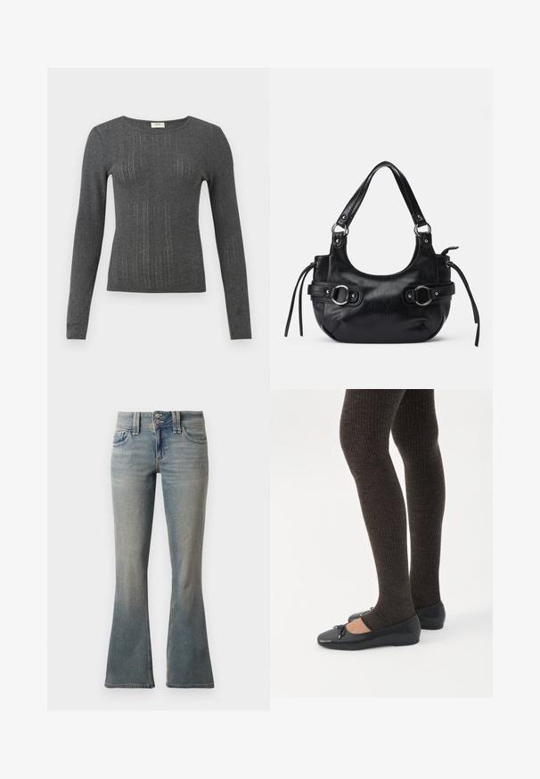 Langærmet, tætsiddende top i mørkegrå strik med subtile lodrette striber og rund halsudskæring. Blød tekstur med let glans i stoffet.; Lyseblå flagrende jeans lavet af denim. Har to forlommer, en knaplukning og subtile lysninger over stoffet.; Ben iført mørke ribbede leggings kombineret med sorte balletsko med små sløjfedetaljer på hvid baggrund.; Sort læderhåndtaske med en rund form, der har to sidelukninger, en glat tekstur og en kort skulderrem. Der er pynt i form af sidekæder.