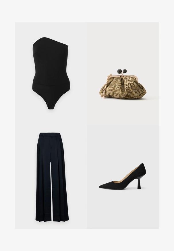 Body noir à épaules dénudées. Fabriqué dans un tissu lisse, il présente une silhouette ajustée et une fermeture à pression au bas.; Pantalon large bleu marine taille haute, avec passants de ceinture, plis à l'avant et ourlet droit.; Pompe à talons hauts en suède noir avec un bout pointu, dotée d'un talon bloc noir brillant et d'une doublure intérieure lisse.; Petite pochette avec motif géométrique doré et noir, cadre en métal doré, fermeture à boule noire et une courte chaîne dorée.