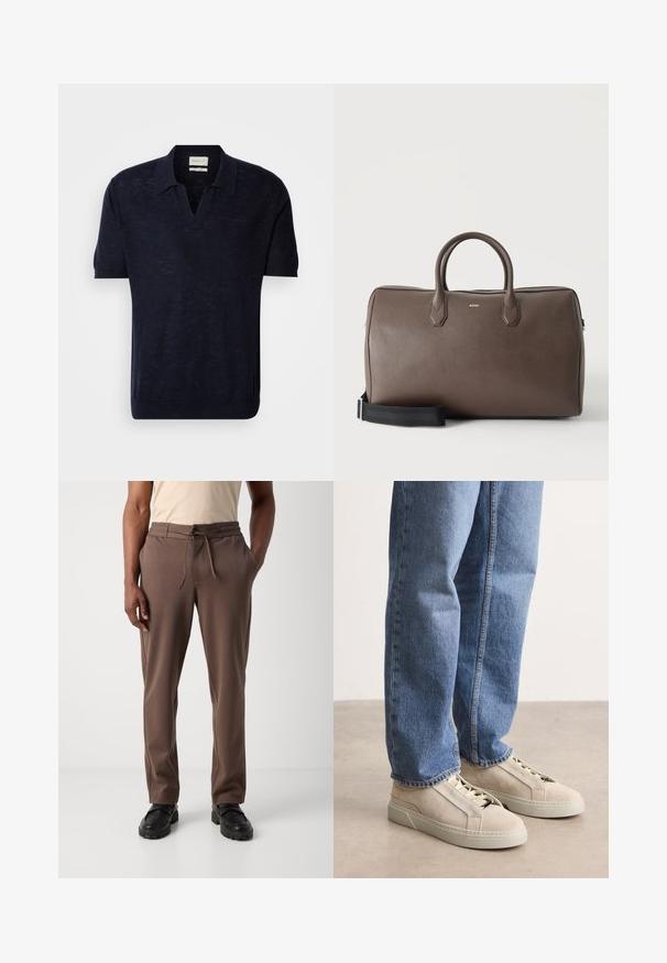 Donkerblauwe gebreide polo met korte mouwen, V-hals en subtiele textuur. Voorzien van het GANT-logo, geborduurd in een bijpassende kleur op de borst.; Man die bruine broek met trekkoord en zwarte schoenen draagt, staand tegen een effen witte achtergrond.; BOSS GARYTENN_SDHDEL - Sneakers laag - natural ten; Bruine leren duffeltas met twee handvatten, een zwarte verstelbare schouderriem en een klein "BOSS" logo middenvoor.