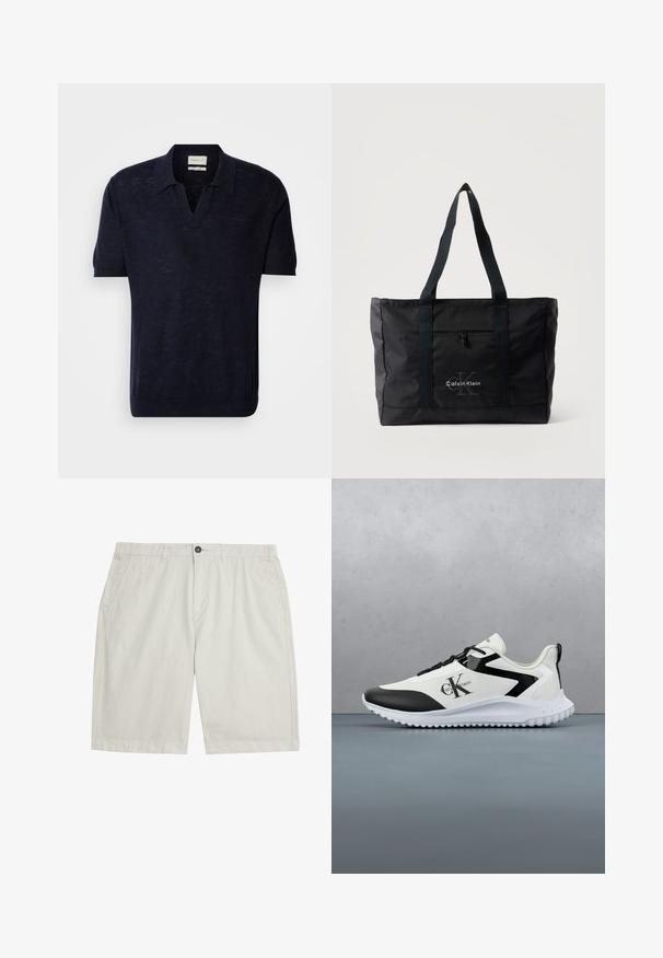 Donkerblauwe gebreide polo met korte mouwen, V-hals en subtiele textuur. Voorzien van het GANT-logo, geborduurd in een bijpassende kleur op de borst.; Lichtbeige shorts tot over de knie met steekzakken aan de voorkant, riemlussen, knoopsluiting en een nette, gladde stof.; Calvin Klein Jeans EVA RUNNER LACE - Sneakers laag - bright white/black; Zwarte Calvin Klein draagtas met twee lange handvatten, een voorvak met rits en een logo gedrukt in het midden aan de voorkant.