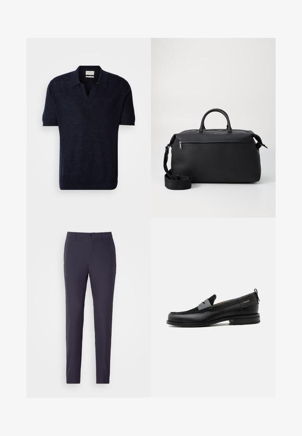 Donkerblauwe gebreide polo met korte mouwen, V-hals en subtiele textuur. Voorzien van het GANT-logo, geborduurd in een bijpassende kleur op de borst.; Navy broek met rechte snit, gemaakt van een soepel stof. Voorzien van een knoopsluiting, zijzakken en een vlakke voorkant.; Zwarte leren loafer met grijs riemdetailelement, lage hak en gestructureerde zool, aan de zijkant gebrandmerkt met "HUGO" in goud.; Zwarte leren reistas met twee bovenhandvaten, een afneembare schouderband en een ritsvak aan de voorkant voor extra opbergruimte.
