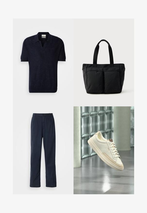 Donkerblauwe gebreide polo met korte mouwen, V-hals en subtiele textuur. Voorzien van het GANT-logo, geborduurd in een bijpassende kleur op de borst.; Navyblauwe broek van een katoenmix. Heeft een recht model, een sluiting met een voorste knoop en subtiele plooien. Gladde textuur.; Witte lage sneaker met beige accenten en veters, met het merk "BOSS", zwevend boven een gepolijste vloer met een glasblokken muur op de achtergrond.; Zwarte tote bag met een zachte stoffen constructie, twee voorvakken en stevige handvatten. Logo aan de zijkant weergegeven. Eenvoudig, functioneel ontwerp.