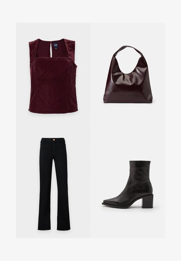 Haut sans manches en velours bordeaux avec une encolure carrée et un détail en trou de serrure au dos ; texture lisse et design ajusté.; Jean droit noir taille haute avec poches avant plaquées et fermeture à bouton en cuivre sur un fond neutre.; Bottine noire en cuir avec un bout carré et un talon carré. Le design présente une texture lisse et des détails de couture minimaux.; Sac en cuir vegan bordeaux, brillant, avec une forme douce et sculpturale et une large poignée incurvée pour un transport facile.