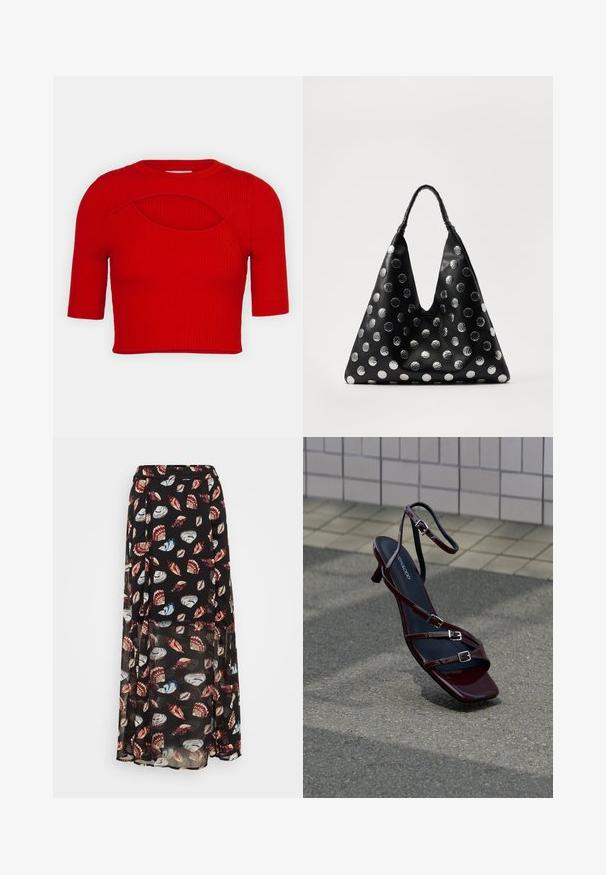 ONLY ONLLIZA PEEK A BOO O NECK - Μπλουζάκι με στάμπα - red alert; Μάξι φούστα από διάφανο μαύρο ύφασμα στολισμένη με πολύχρωμα σχέδια κοχυλιών. Διαθέτει ελαστική μέση και σχεδιασμό σε στρώσεις για επιπλέον ροή και κίνηση.; Σανδάλι ψηλοτάκουνο, σκούρο κόκκινο με λουράκια και αγκράφες, σε πλακόστρωτο από άσφαλτο και φόντο κεραμικών πλακιδίων.; Μαύρη δερμάτινη τσάντα σε τριγωνικό σχήμα, με ασημένια μεταλλικά πουά και υφασμάτινη λαβή. Λείο φινίρισμα στο σύνολό της.