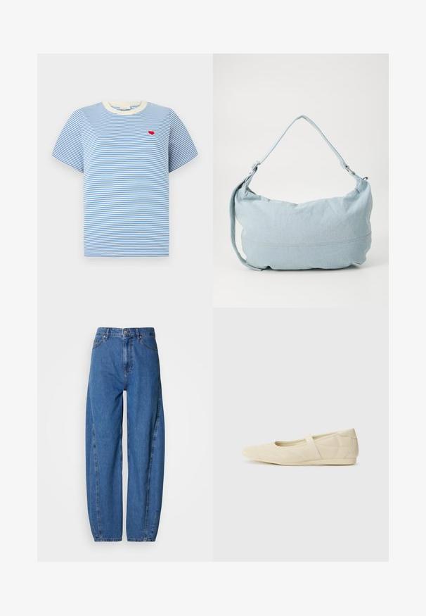 Blauw gestreepte t-shirt met korte mouwen, crème kleurige geribbelde kraag en een kleine borduursel van een rood hart op de borst. Katoenen materiaal.; Blauwe spijkerbroek met een losse pasvorm, voorzien van een hoge taille, twee voorzakken en een rechte pijp. Gestikte details langs de naden.; Beige ballerina's met een gladde leren buitenkant, amandelvormige punt en elastische band over de wreef, met subtiele stiksels.; Lichtblauwe denim schoudertas met een ronde vorm, verstelbare schouderband en subtiele stiksels langs de onderrand. Zachte textuur.