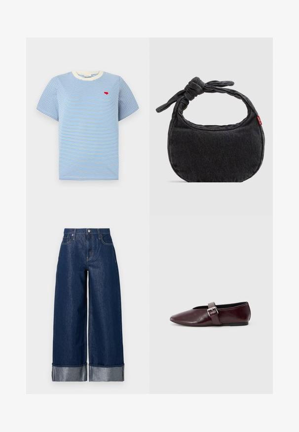 Blåstribet t-shirt med kortærmer, cremede ribbede krave og en lille broderet rød hjerte på brystet. Mellemstof i bomuld.; Vidbenede mørkeblå denimjeans med høj talje, fem-lomme design og opsmøgede kanter, der viser et lysere indre stof.; Bordeaux læder ballerina sko med spidse tæer, flad sål og en dekorativ spænde-strop over vristen. Glat, blank tekstur.; Lille sort denim skuldertaske med knyttet rem og lynlåslukning, med en rød Levi's stofetiket på siden.