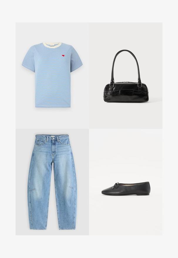 Blauw gestreepte t-shirt met korte mouwen, crème kleurige geribbelde kraag en een kleine borduursel van een rood hart op de borst. Katoenen materiaal.; Lichtblauwe denim jeans met een relaxte pasvorm, met een hoge taille, rechte pijpen en subtiele stiksels op de voorzakken.; Zwarte leren balletschoenen met een ronde neus en een decoratieve strikdetail. Het ontwerp heeft een gladde textuur en een lage, platte hak.; Zwarte leren handtas met een rechthoekige vorm, voorzien van een enkele gestructureerde handgreep, zilveren hardware en ritsluiting. Gladde textuur.