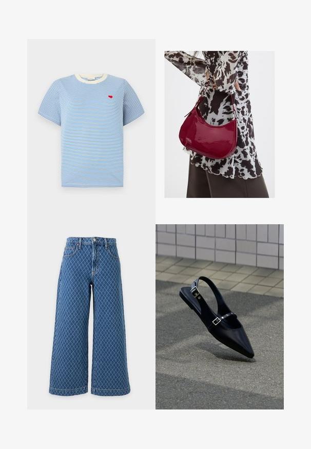 Blåstribet t-shirt med kortærmer, cremede ribbede krave og en lille broderet rød hjerte på brystet. Mellemstof i bomuld.; Blå denimjeans med brede ben og høj talje samt hvidt krydset diamantmønster, vist fladt på en lys, ensfarvet baggrund.; Sort flad slingback med spids tå og dobbelte spænder, hvilende på grå asfalt nær flisevæg.; Kvinde iført en sort- og hvidmønstret bluse, der holder en blank rød skuldertaske mod en ensfarvet baggrund.