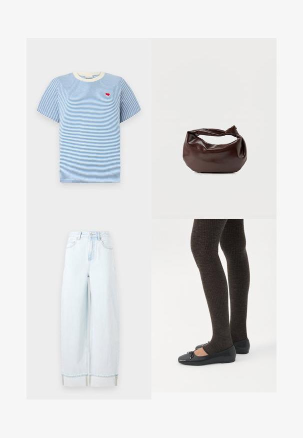 Blåstribet t-shirt med kortærmer, cremede ribbede krave og en lille broderet rød hjerte på brystet. Mellemstof i bomuld.; Lyseblå vidde jeans lavet af denim, med høj talje, forlommer og en rullet kant med synlige syninger.; Ben iført mørke ribbede leggings kombineret med sorte balletsko med små sløjfedetaljer på hvid baggrund.; Mørkebrun læder skuldertaske med en blød, afslappet form og et snoet knudehåndtag på en ensartet hvid baggrund.