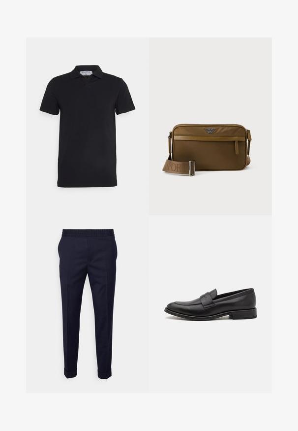 Zwart polosjaal met korte mouwen en een klassieke kraag, gemaakt van gladde stof. Heeft een label met de merknaam 'Filippa K' op de hals.; Navyblauwe broek met een gladde textuur, voorzien van een elastische tailleband en opgerolde manchetten, ontworpen in een tapered fit met zijzakken.; Zwarte leren loafers met een gladde afwerking, een decoratieve band over de bovenkant, een ronde neus en een lage gestapelde hak.; Bruine rechthoekige crossbodytas met voorvak met rits, verstelbare band met gegraveerde merknaam en metalen logo in het midden aan de bovenkant.