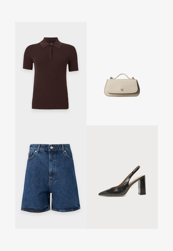 Polo en maille côtelée à manches courtes de couleur brun foncé avec trois boutons et un col classique, présenté sur un fond uni.; Shorts en jean bleu taille haute avec bouton frontal, fermeture éclair, passants pour ceinture et poches avant, sur un fond uni.; Chaussure slingback en cuir noir à bout pointu avec un talon bloc haut et une doublure intérieure beige sur un fond clair uni.; Petit sac à main en cuir beige avec poignée supérieure et logo CK argenté sur le rabat avant, présenté sur fond blanc.