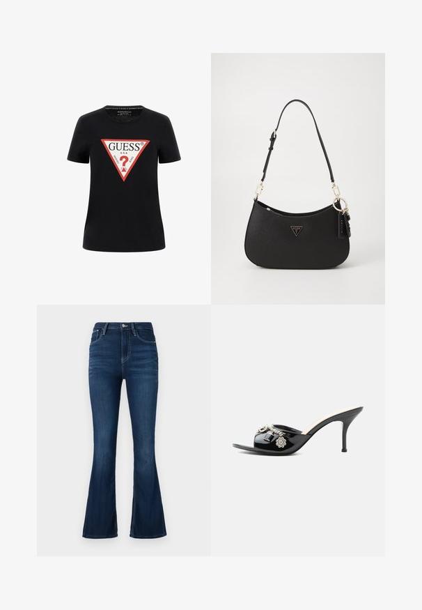 Schwarzes Baumwoll-T-Shirt mit kurzen Ärmeln, featuring ein rotes dreieckiges Grafiklogo mit "GUESS® U.S.A." und einem Fragezeichen-Design.; Hoch geschnittene, ausgestellte Jeans aus dunklem Denim. Mit einem Frontknopf- und Reißverschluss, Gürtelschlaufen und minimal beschädigtem Look.; Schwarzer Lackleder High-Heel Mule mit offenem Zehenbereich und dekorativen silbernen Anhängern, darunter eine Blume und ein Vorhängeschloss am vorderen Riemen.; Schwarze synthetische Handtasche mit geschwungener Form, goldfarbenen Metalldetails und einem dreieckigen Logo. Verfügt über einen Reißverschluss und einen verstellbaren Trageriemen.