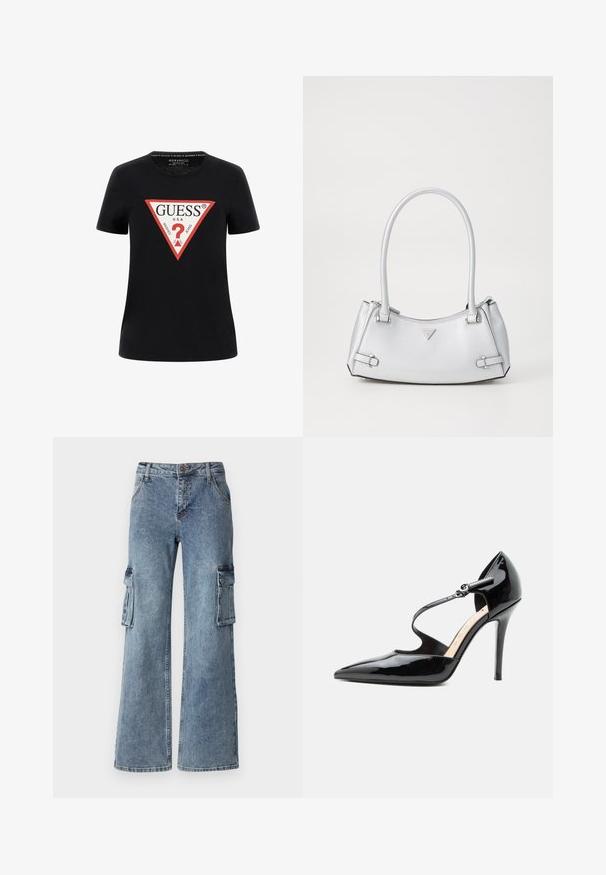 T-shirt en coton noir à manches courtes, arborant un logo graphique triangulaire rouge avec "GUESS® U.S.A." et un design de point d'interrogation.; Pantalons cargo en denim bleu à jambes larges, dotés de poches latérales, d'une fermeture à bouton et de passants de ceinture. Le tissu présente un léger délavage avec des dégradés subtils.; Chaussure à talon haut en cuir verni noir avec un bout pointu et une fine bride de cheville fermée par une petite boucle.; Sac à main argenté avec un design structuré, doté de deux poignées, d'une texture brillante, de quincaillerie accentuée et d'un logo triangulaire sur le devant.