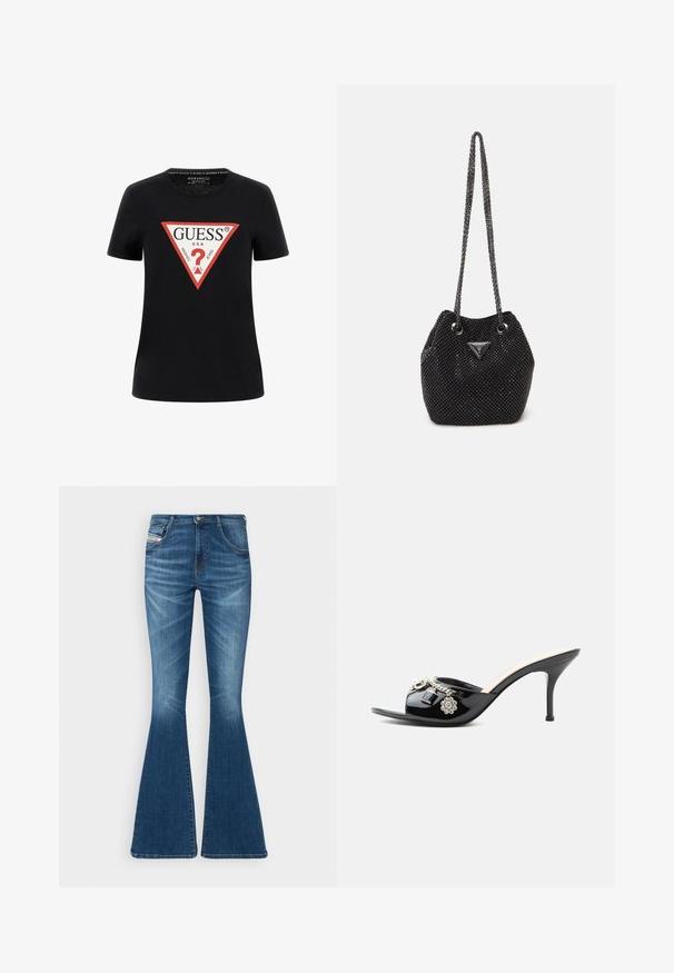 T-shirt en coton noir à manches courtes, arborant un logo graphique triangulaire rouge avec "GUESS® U.S.A." et un design de point d'interrogation.; Jean évasé en denim bleu moyen, avec une taille haute, un design à cinq poches et des détails de décoloration subtils au niveau des cuisses.; Mule à talon haut en cuir verni noir avec bout ouvert et breloques argentées décoratives comprenant une fleur et un cadenas sur la bride avant.; Sac noir en perles avec une bandoulière en chaîne, présentant un logo triangulaire à l'avant, une base ronde et une surface texturée.