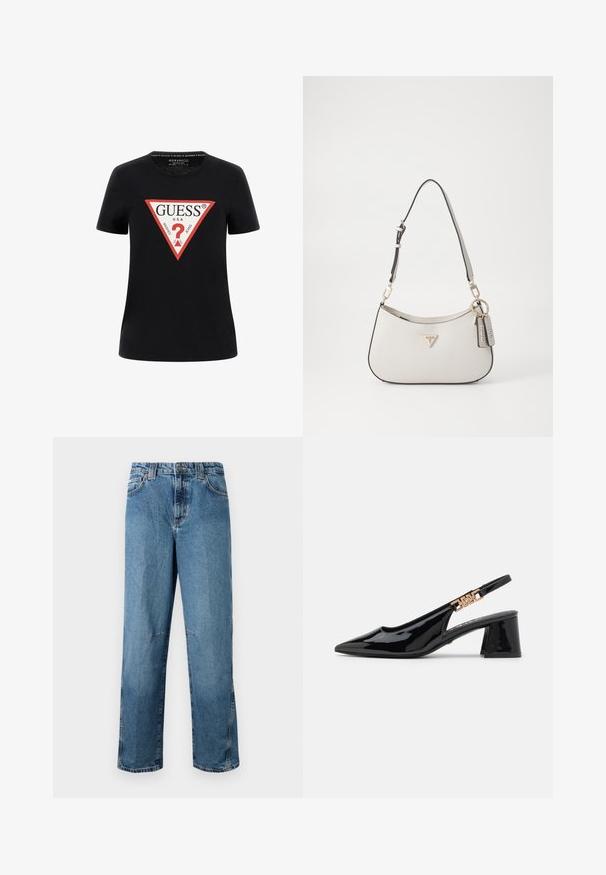 Schwarzes Baumwoll-T-Shirt mit kurzen Ärmeln, featuring ein rotes dreieckiges Grafiklogo mit "GUESS® U.S.A." und einem Fragezeichen-Design.; Hellblaue Jeans aus Denim mit geradem Schnitt, ausgestattet mit gestickten Taschen, einem Knopfverschluss vorne und minimaler Ausbleichung des Materials.; Schwarze Lackleder Slingback-Pumps mit einer spitzen Zehe und goldfarbener Hardware am Riemen, ausgestattet mit einem Blockabsatz. Glatte Textur.; Weiße strukturierte Handtasche mit einer geschwungenen Form, goldenen Beschlägen, einem abnehmbaren Riemen und einem Logo-Detail. Enthält einen Schlüsselanhänger mit Branding.