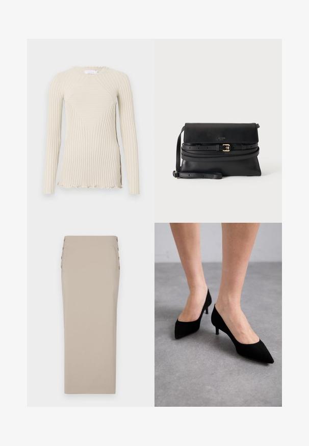 Rabanne T-shirt à manches longues - ecru; Jupe crayon beige en tissu lisse, comportant des boutons sur le côté, une silhouette épurée et sans poches ni motifs visibles.; Talons aigus en daim noir avec un talon moyen slim et classique, et une large ouverture, présentés sur des pieds nus sur un fond gris.; Sac bandoulière en cuir noir avec rabat, fine bandoulière ajustable et ceinture décorative avec boucle dorée à l'avant.