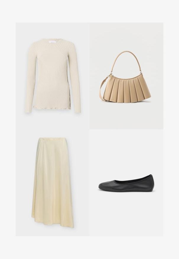 Rabanne T-shirt à manches longues - ecru; Longue jupe couleur crème avec une texture lisse et un léger drapé, présentée sur un fond clair uni.; Ballerines en cuir noir avec un bout rond, texture lisse, détails de couture minimalistes et design de semelle flexible.; Sac bandoulière beige plissé avec poignée arrondie sur le dessus et bandoulière amovible, en cuir lisse avec un détail de logo subtil près de la base.